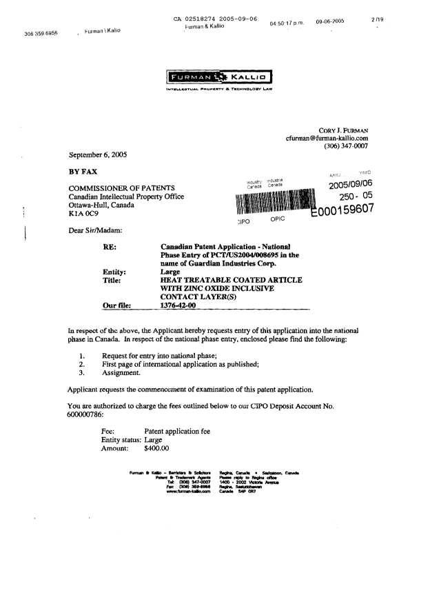 Document de brevet canadien 2518274. Cession 20050906. Image 1 de 17