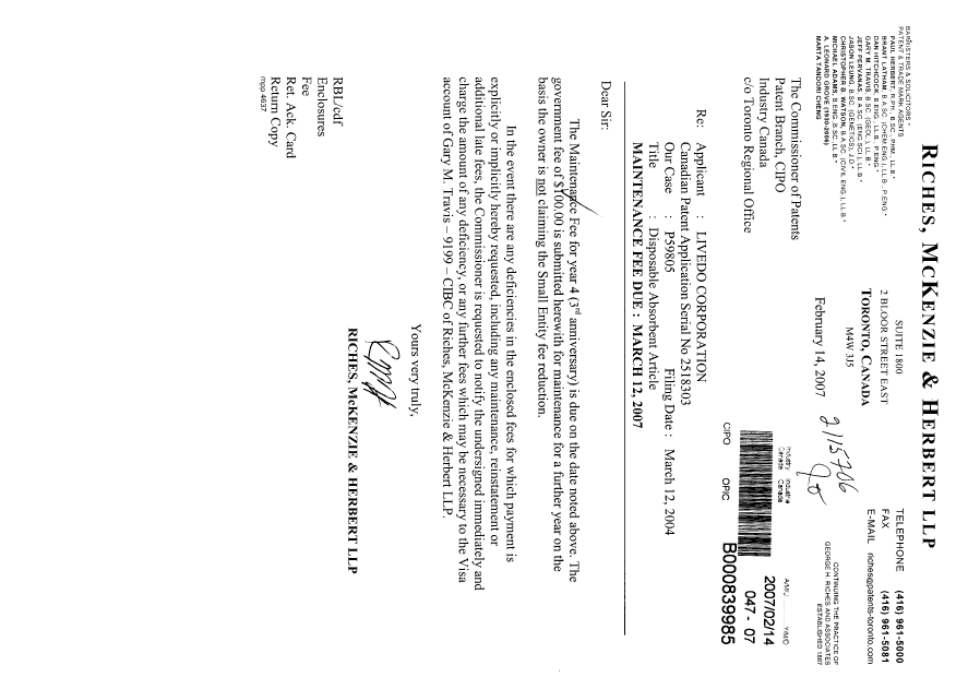 Document de brevet canadien 2518303. Taxes 20070214. Image 1 de 1