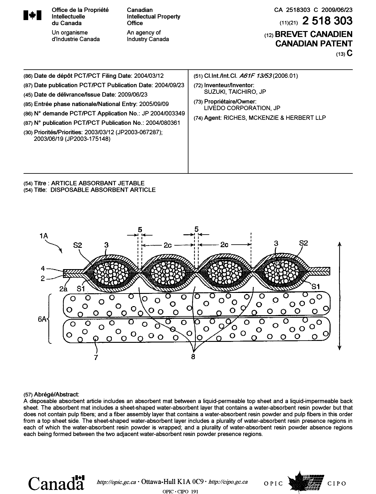 Document de brevet canadien 2518303. Page couverture 20090605. Image 1 de 1