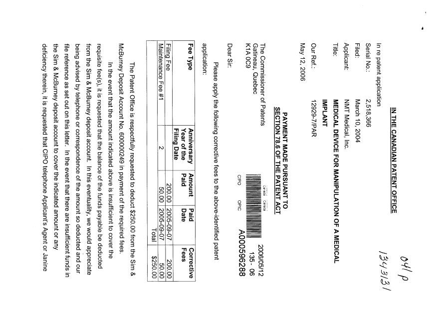 Document de brevet canadien 2518366. Poursuite-Amendment 20051212. Image 1 de 2