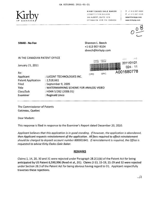 Canadian Patent Document 2518661. Prosecution-Amendment 20110121. Image 1 of 4