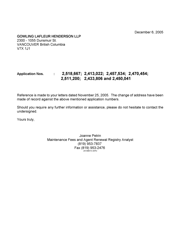 Canadian Patent Document 2518667. Correspondence 20041206. Image 1 of 1
