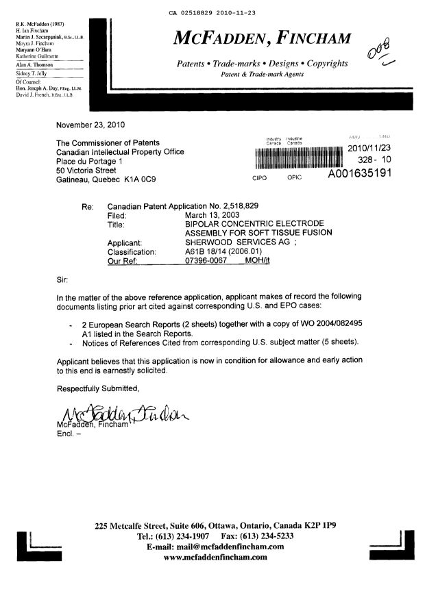 Canadian Patent Document 2518829. Prosecution-Amendment 20091223. Image 1 of 1