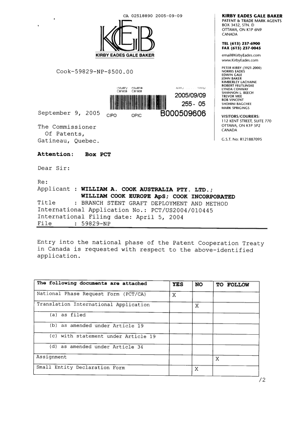 Document de brevet canadien 2518890. Cession 20050909. Image 1 de 4