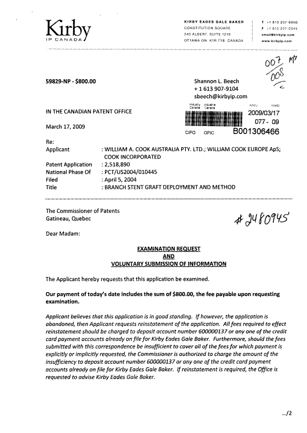 Document de brevet canadien 2518890. Poursuite-Amendment 20090317. Image 1 de 2