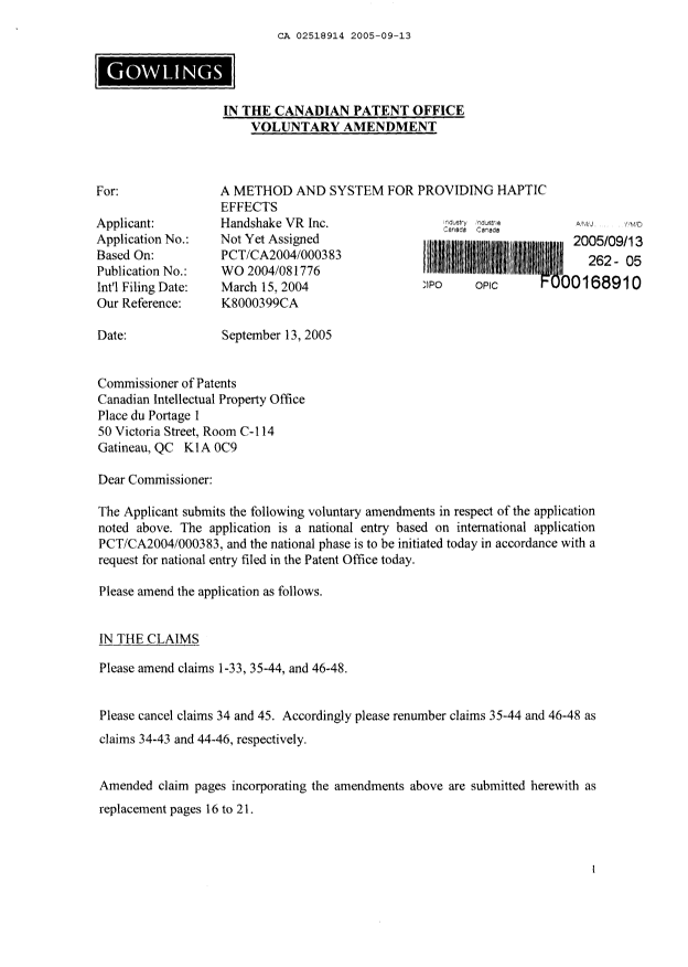 Canadian Patent Document 2518914. Prosecution-Amendment 20050913. Image 1 of 15