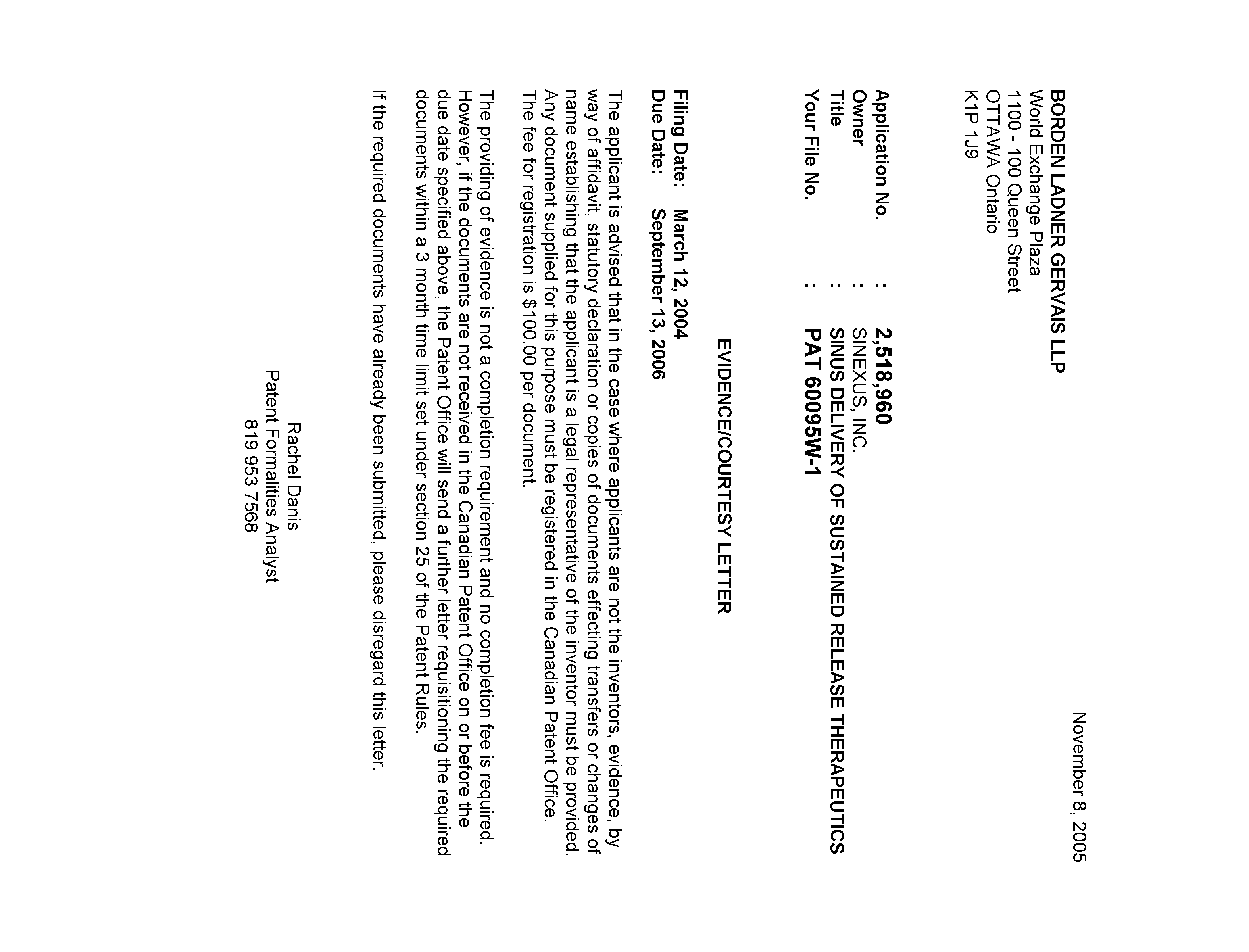 Document de brevet canadien 2518960. Correspondance 20041204. Image 1 de 1