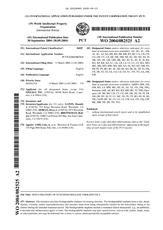 Document de brevet canadien 2518960. Abrégé 20041213. Image 1 de 1