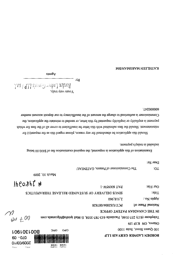 Canadian Patent Document 2518960. Prosecution-Amendment 20081210. Image 1 of 1