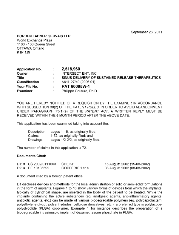 Canadian Patent Document 2518960. Prosecution-Amendment 20101226. Image 1 of 4