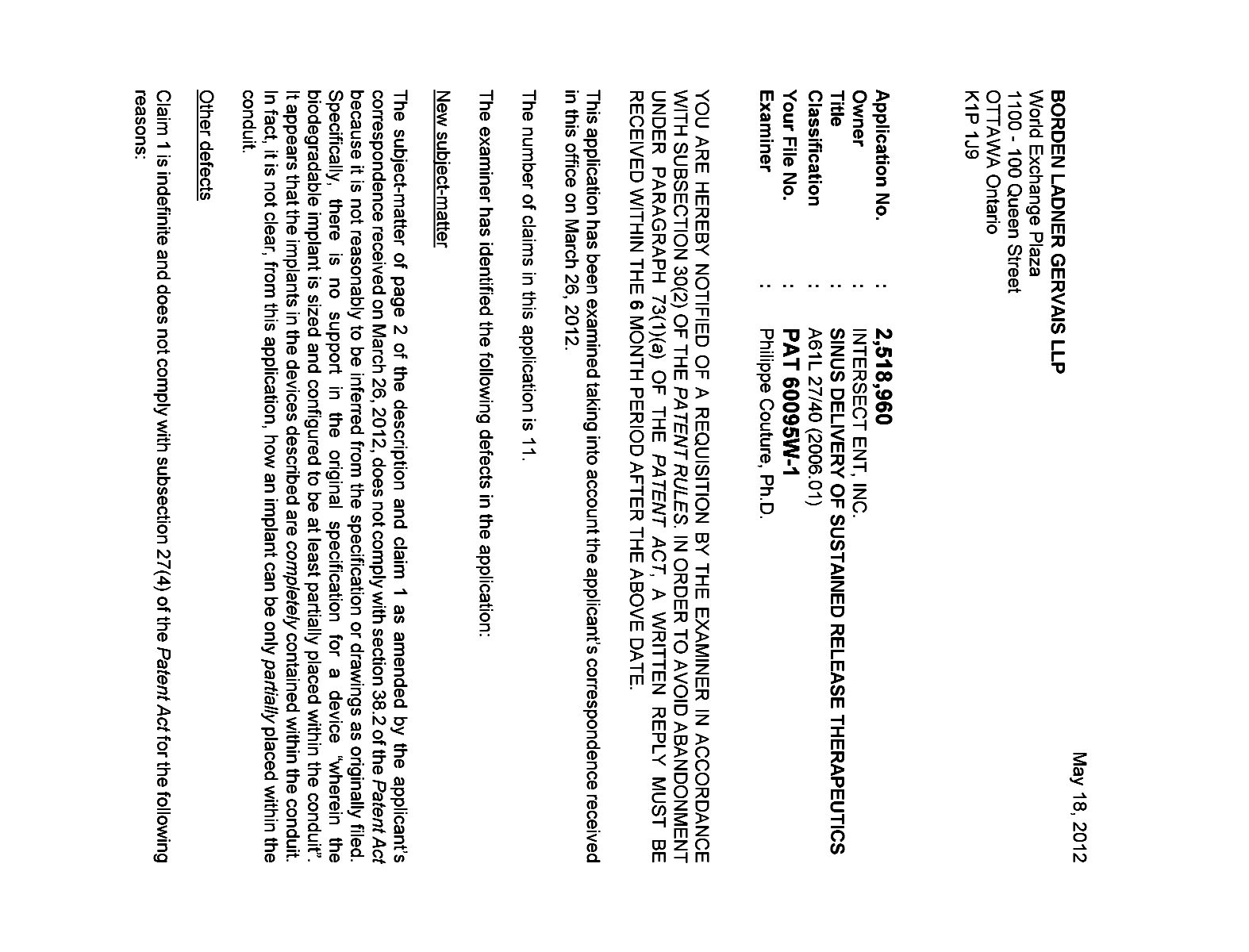 Document de brevet canadien 2518960. Poursuite-Amendment 20111218. Image 1 de 2