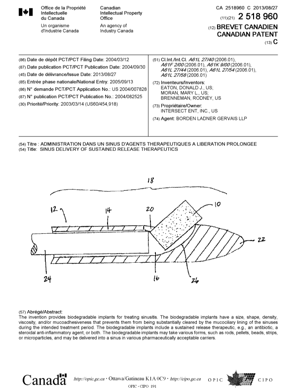 Document de brevet canadien 2518960. Page couverture 20121229. Image 1 de 1