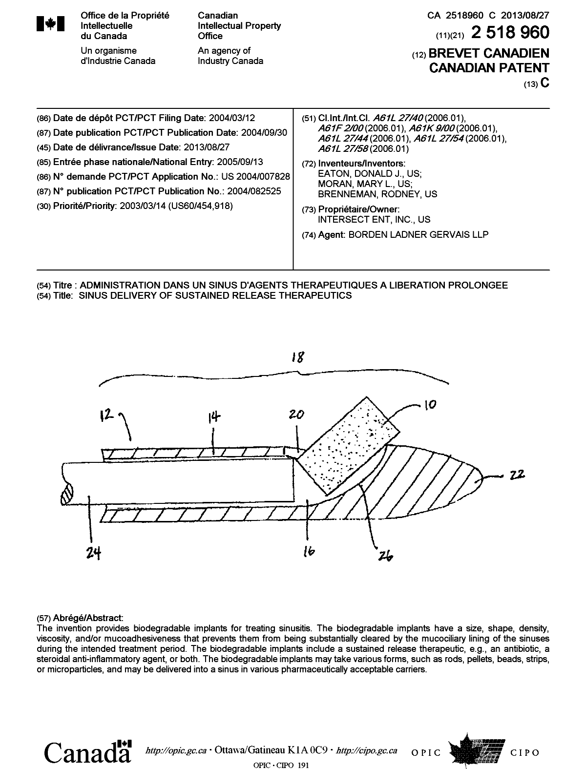 Document de brevet canadien 2518960. Page couverture 20121229. Image 1 de 1