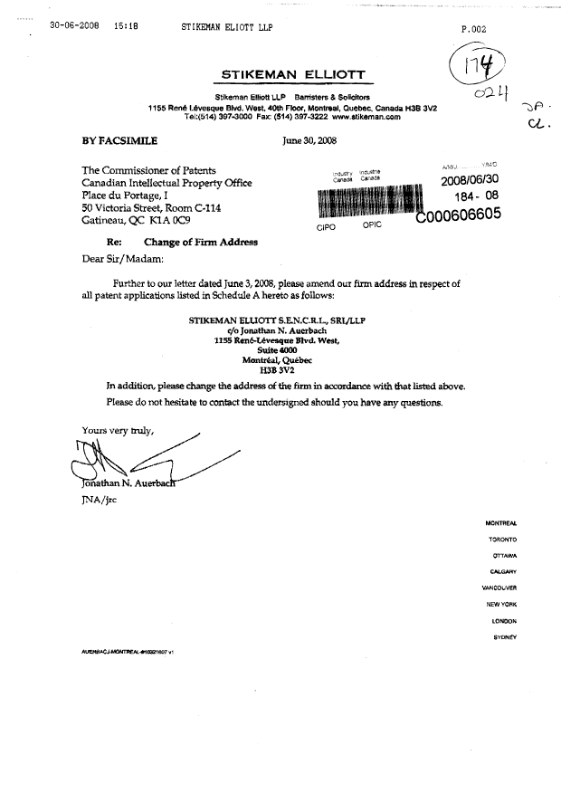 Canadian Patent Document 2518962. Correspondence 20080630. Image 1 of 13
