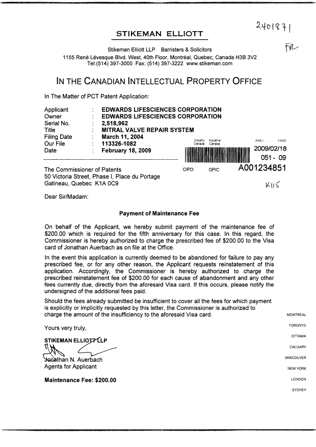 Canadian Patent Document 2518962. Fees 20090218. Image 1 of 1