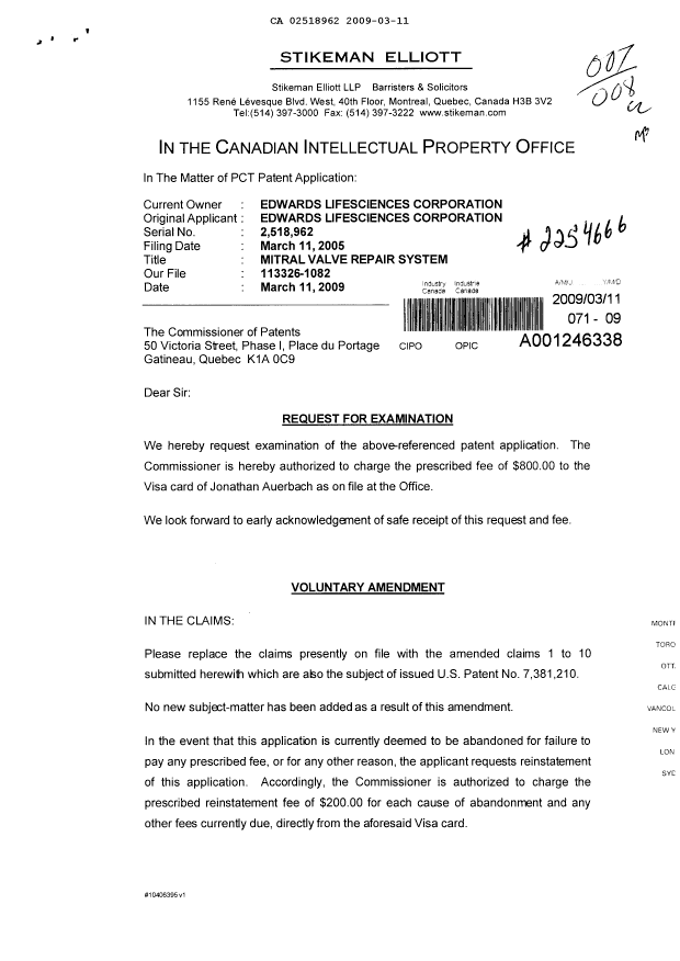 Canadian Patent Document 2518962. Prosecution-Amendment 20090311. Image 1 of 5