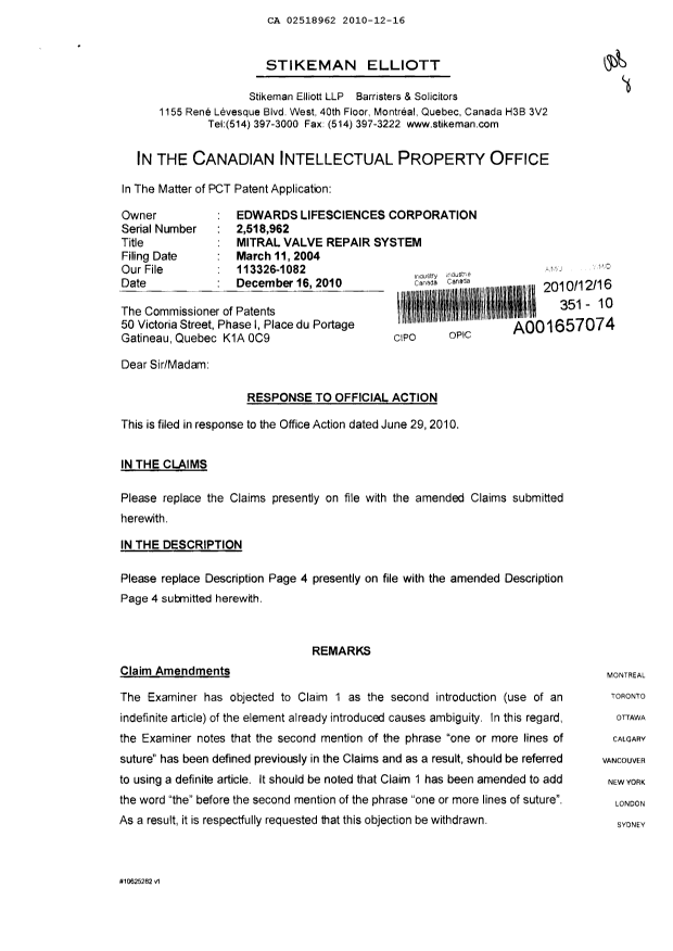 Canadian Patent Document 2518962. Prosecution-Amendment 20101216. Image 1 of 8