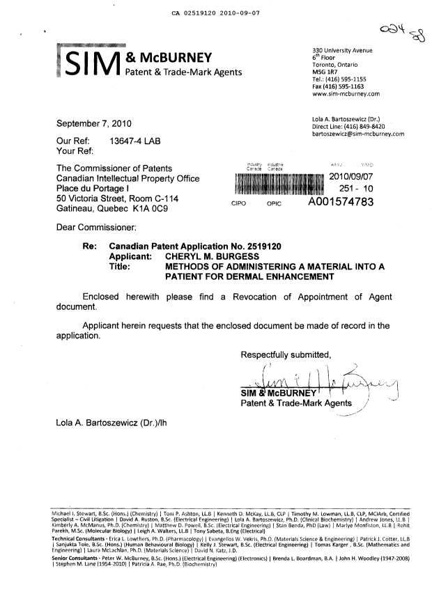 Document de brevet canadien 2519120. Correspondance 20100907. Image 1 de 2