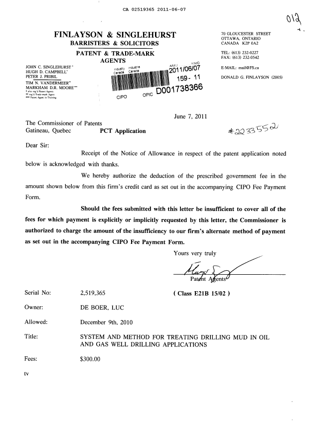 Document de brevet canadien 2519365. Correspondance 20110607. Image 1 de 1