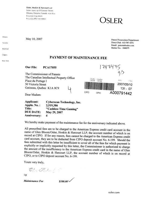 Document de brevet canadien 2519386. Taxes 20070510. Image 1 de 1