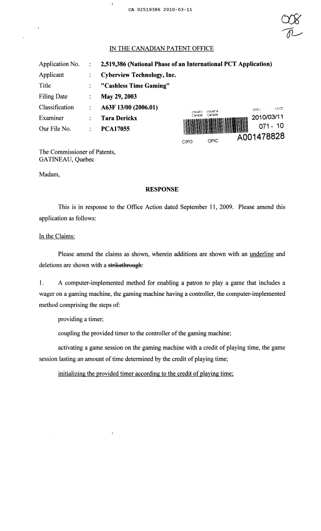 Canadian Patent Document 2519386. Prosecution-Amendment 20100311. Image 1 of 19