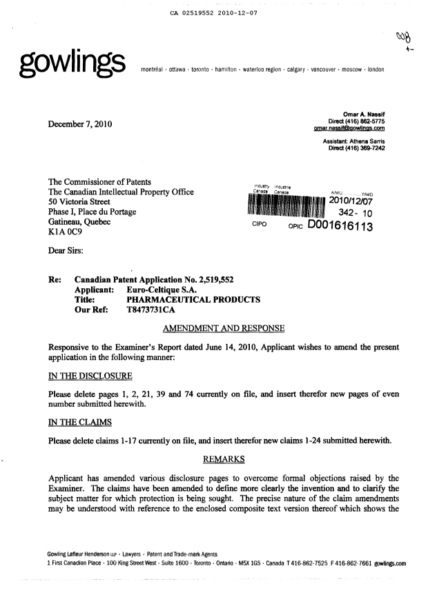Canadian Patent Document 2519552. Prosecution-Amendment 20101207. Image 1 of 27