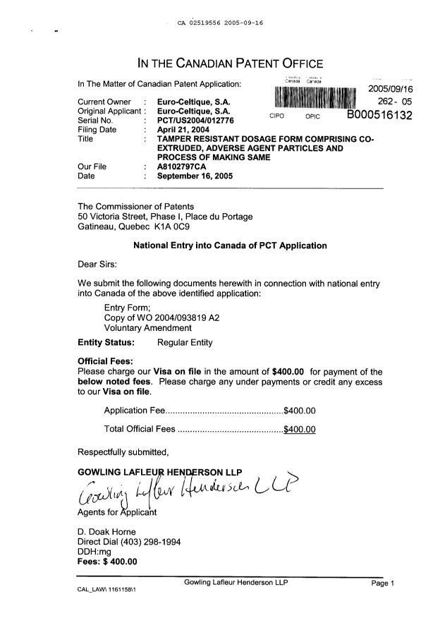 Document de brevet canadien 2519556. Cession 20050916. Image 1 de 3