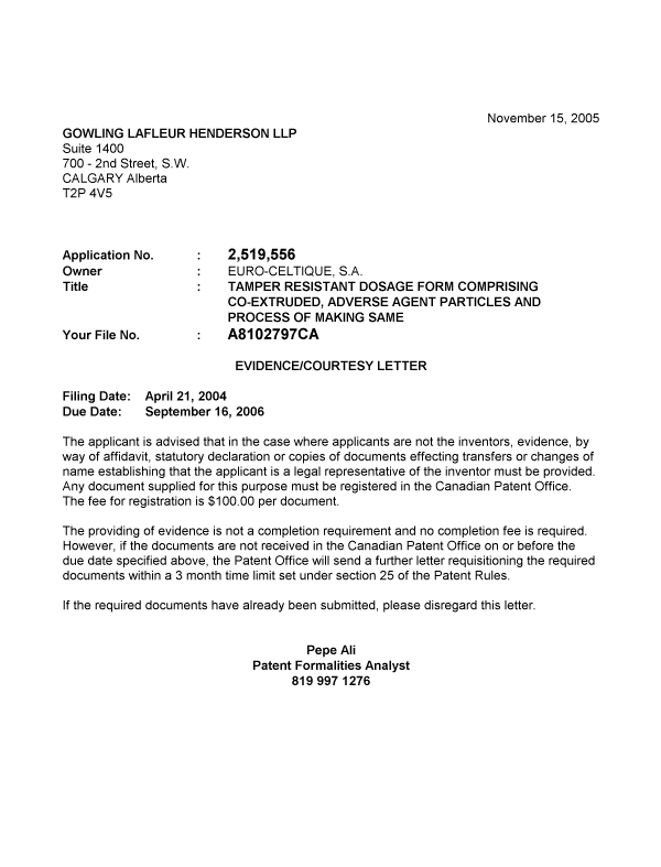 Document de brevet canadien 2519556. Correspondance 20051109. Image 1 de 1
