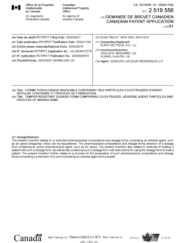 Document de brevet canadien 2519556. Page couverture 20051114. Image 1 de 1