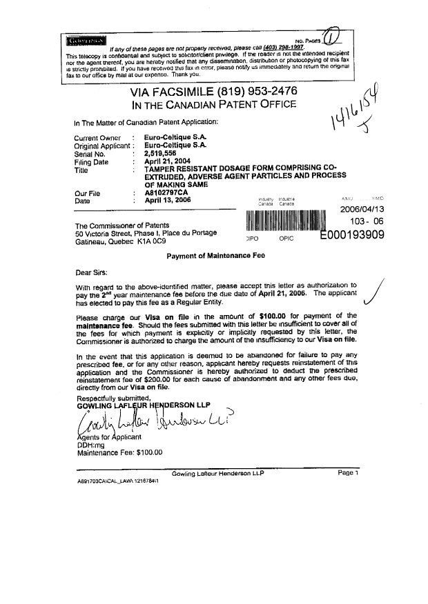 Document de brevet canadien 2519556. Taxes 20060413. Image 1 de 1