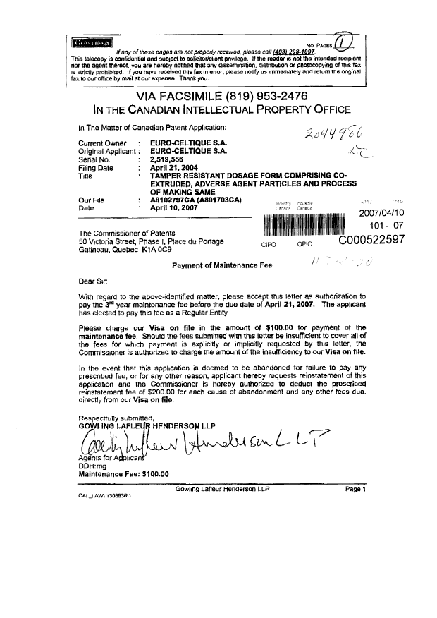 Document de brevet canadien 2519556. Taxes 20070410. Image 1 de 1