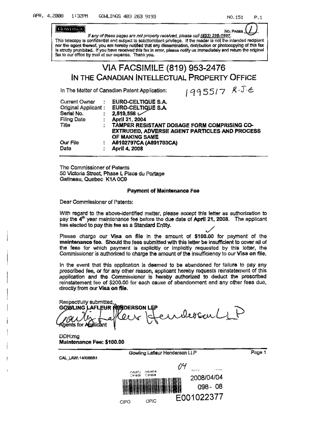 Document de brevet canadien 2519556. Taxes 20080404. Image 1 de 1