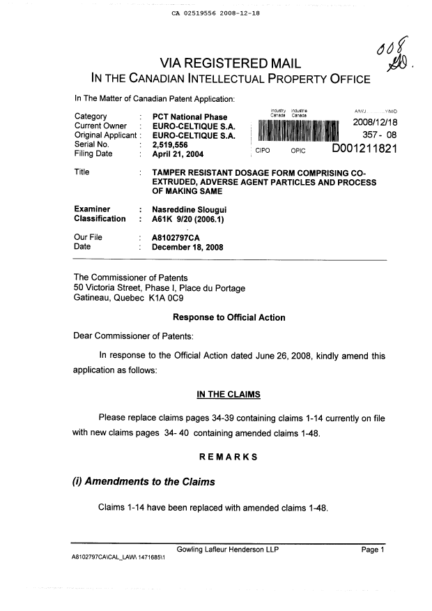 Canadian Patent Document 2519556. Prosecution-Amendment 20081218. Image 1 of 11