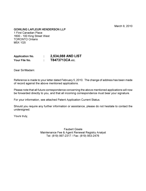 Document de brevet canadien 2519556. Correspondance 20100309. Image 1 de 1