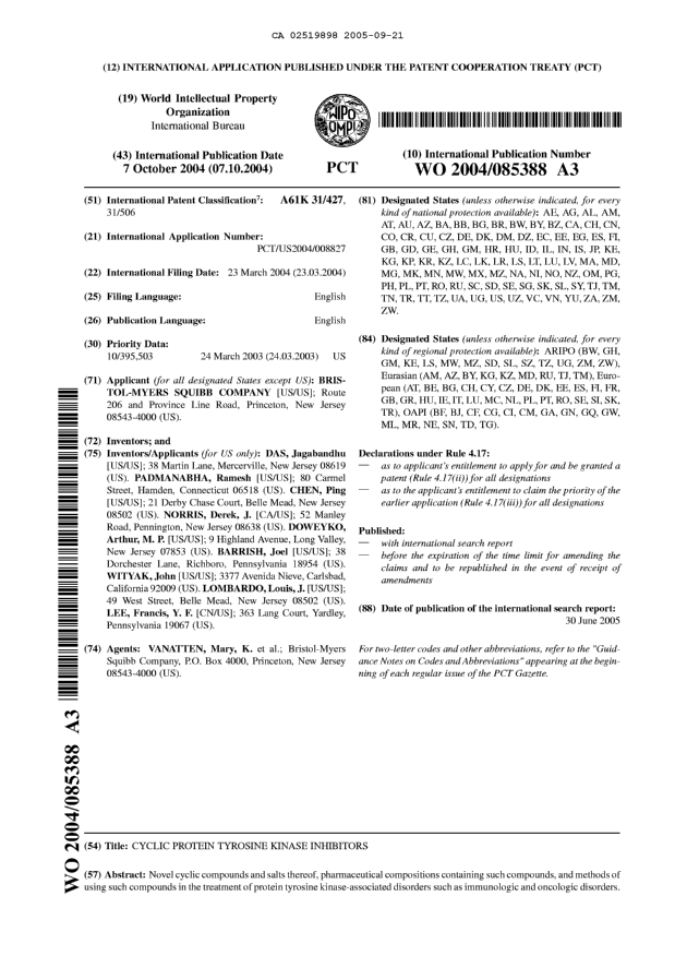 Document de brevet canadien 2519898. Abrégé 20041221. Image 1 de 1