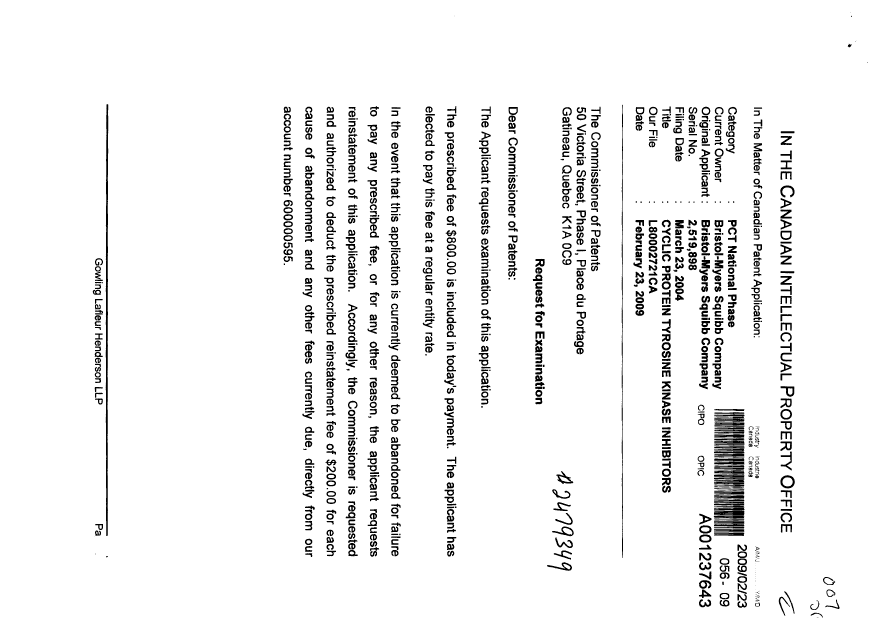 Canadian Patent Document 2519898. Prosecution-Amendment 20081223. Image 1 of 2