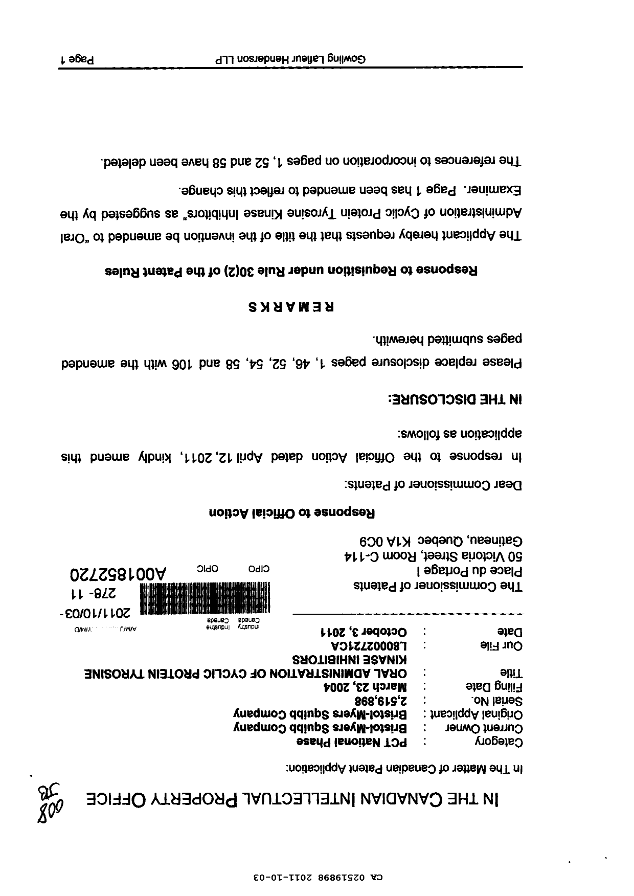 Document de brevet canadien 2519898. Poursuite-Amendment 20101203. Image 1 de 8