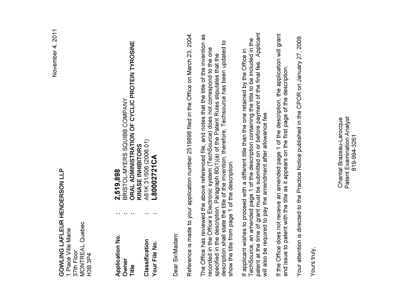 Canadian Patent Document 2519898. Correspondence 20101204. Image 1 of 1
