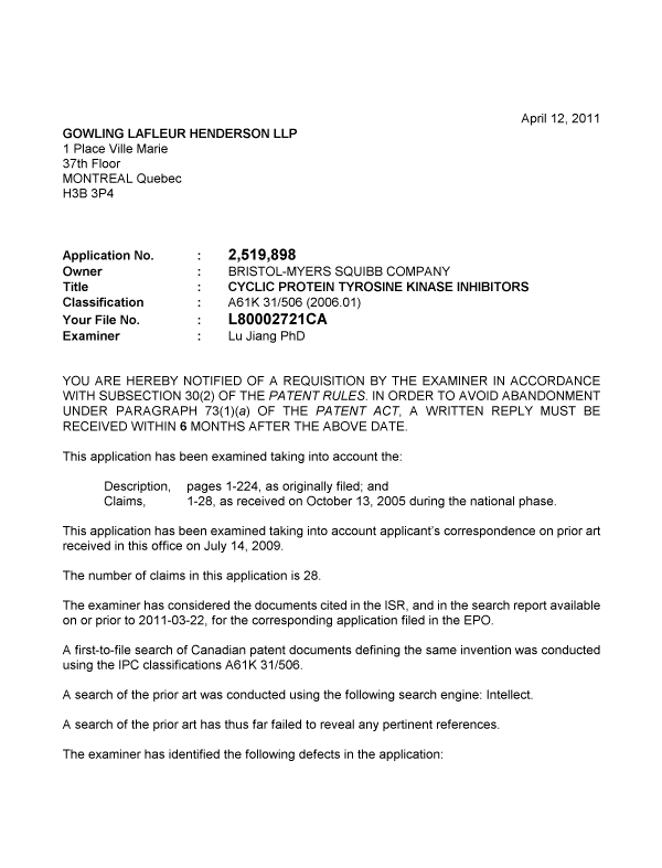 Document de brevet canadien 2519898. Poursuite-Amendment 20101212. Image 1 de 2