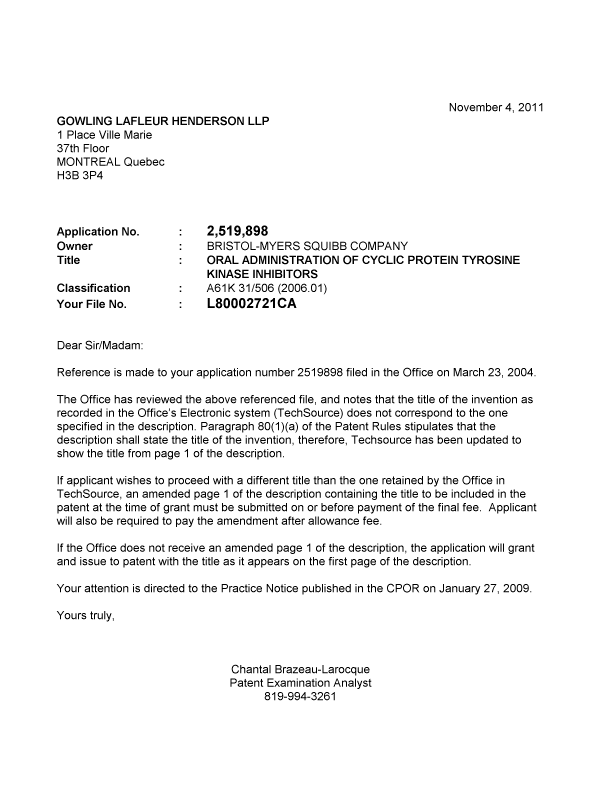 Document de brevet canadien 2519898. Correspondance 20111104. Image 1 de 1