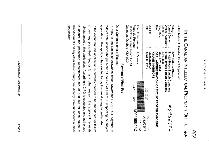 Canadian Patent Document 2519898. Correspondence 20111217. Image 1 of 2