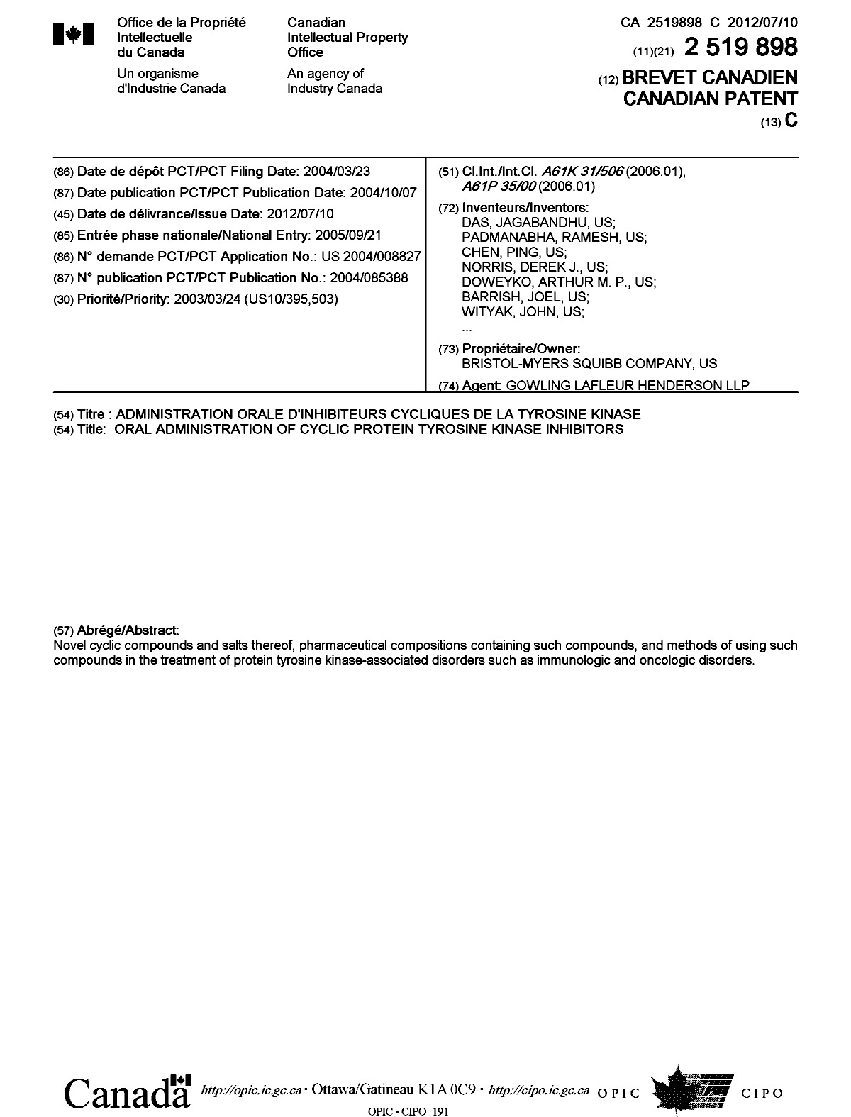 Document de brevet canadien 2519898. Page couverture 20120613. Image 1 de 2