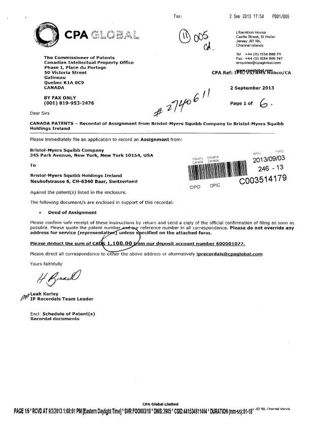Document de brevet canadien 2519898. Cession 20121203. Image 1 de 6