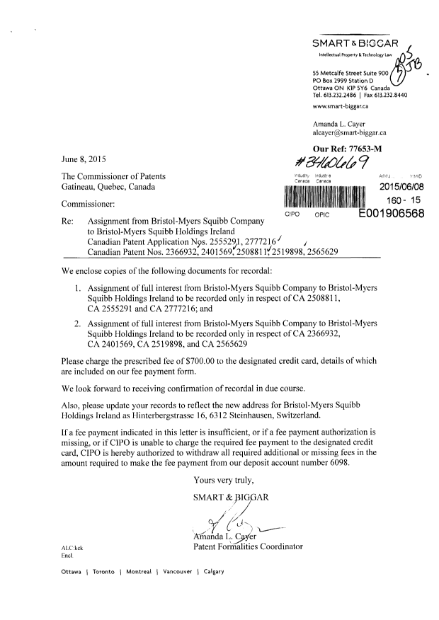 Document de brevet canadien 2519898. Cession 20141208. Image 1 de 5
