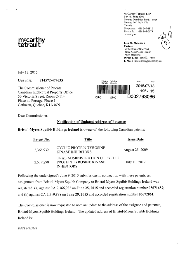 Document de brevet canadien 2519898. Cession 20141213. Image 1 de 2