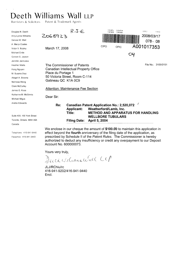 Canadian Patent Document 2520072. Fees 20080317. Image 1 of 1