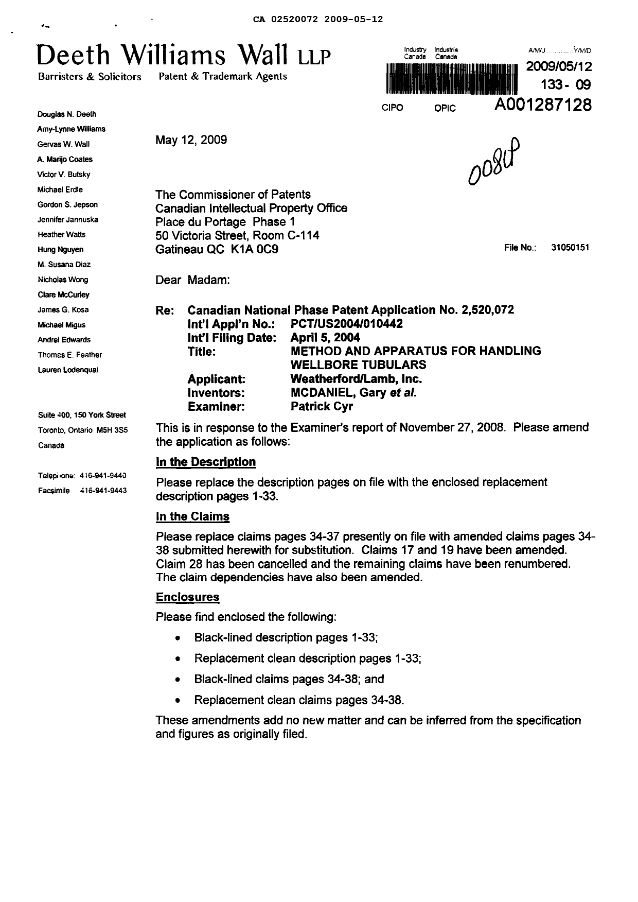 Canadian Patent Document 2520072. Prosecution-Amendment 20090512. Image 1 of 78