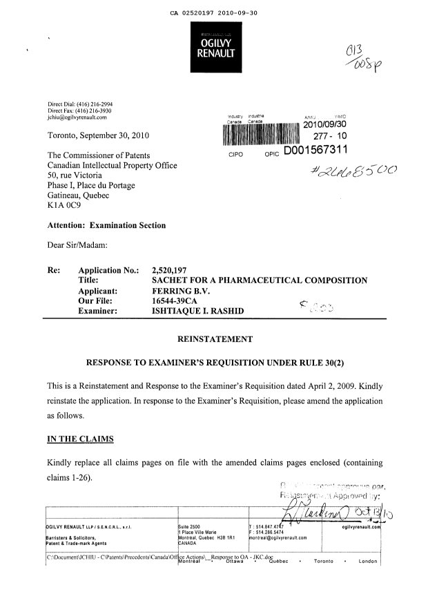 Document de brevet canadien 2520197. Poursuite-Amendment 20100930. Image 1 de 8