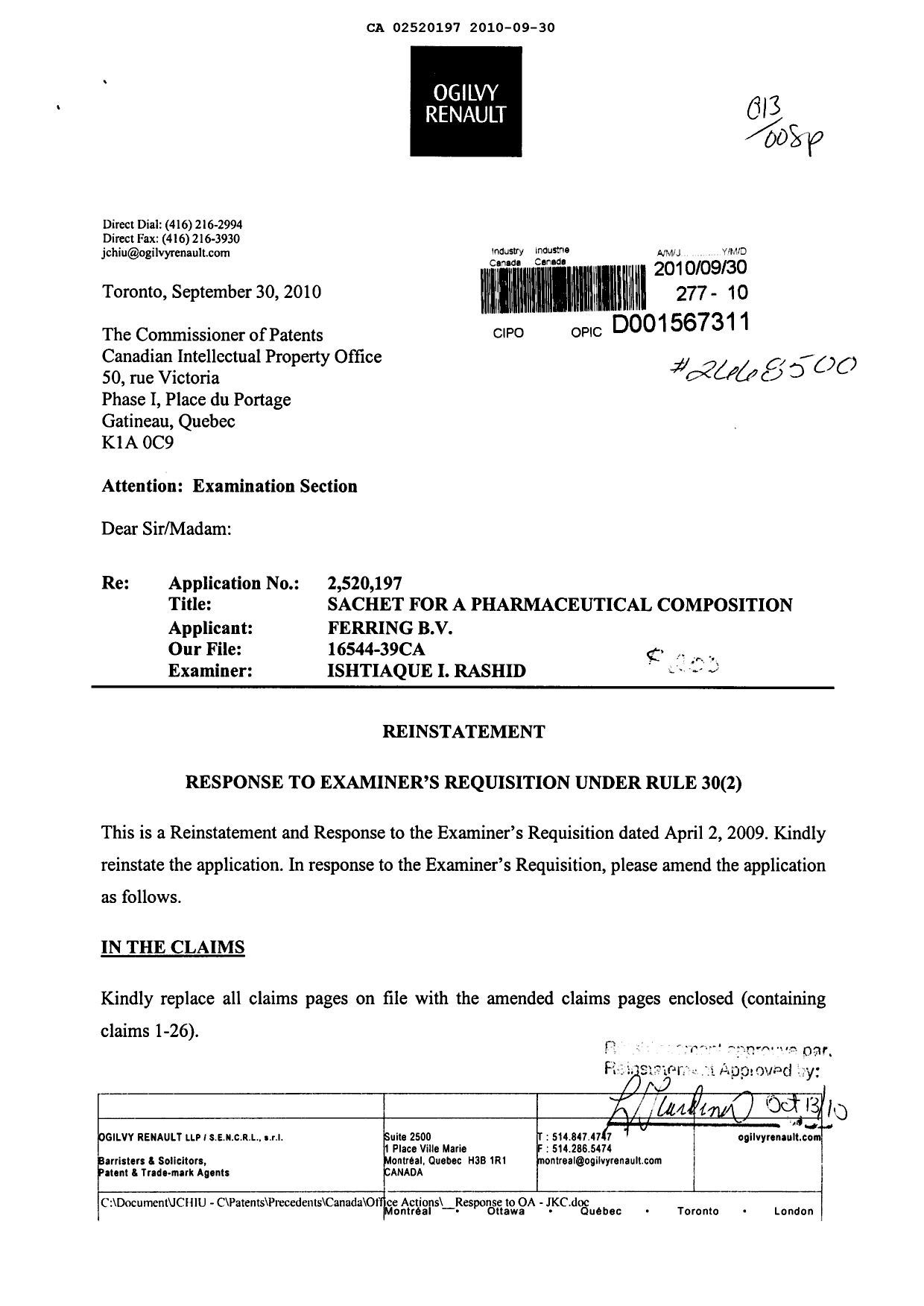 Canadian Patent Document 2520197. Prosecution-Amendment 20100930. Image 1 of 8