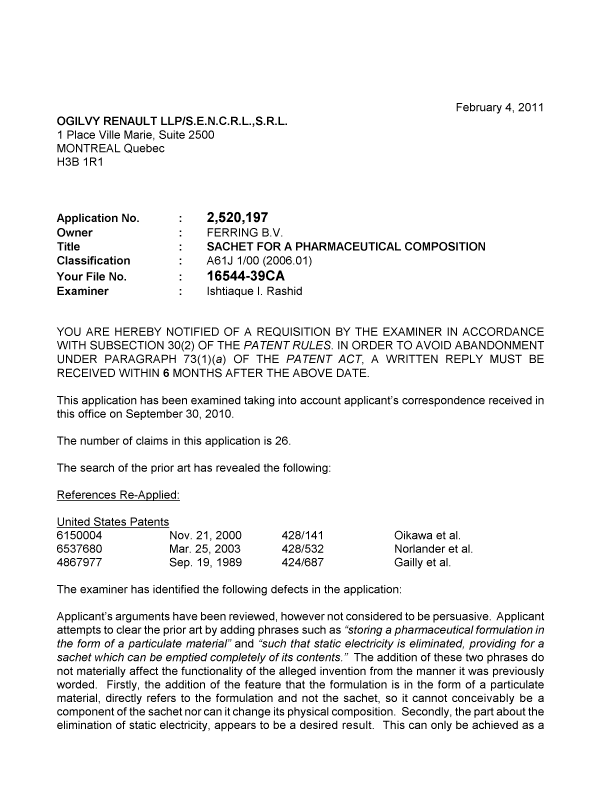 Document de brevet canadien 2520197. Poursuite-Amendment 20110204. Image 1 de 3